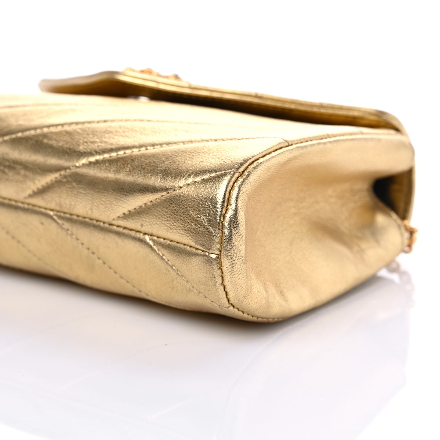 Metallic Lambskin Crystal Chevron Chain Clutch Gold