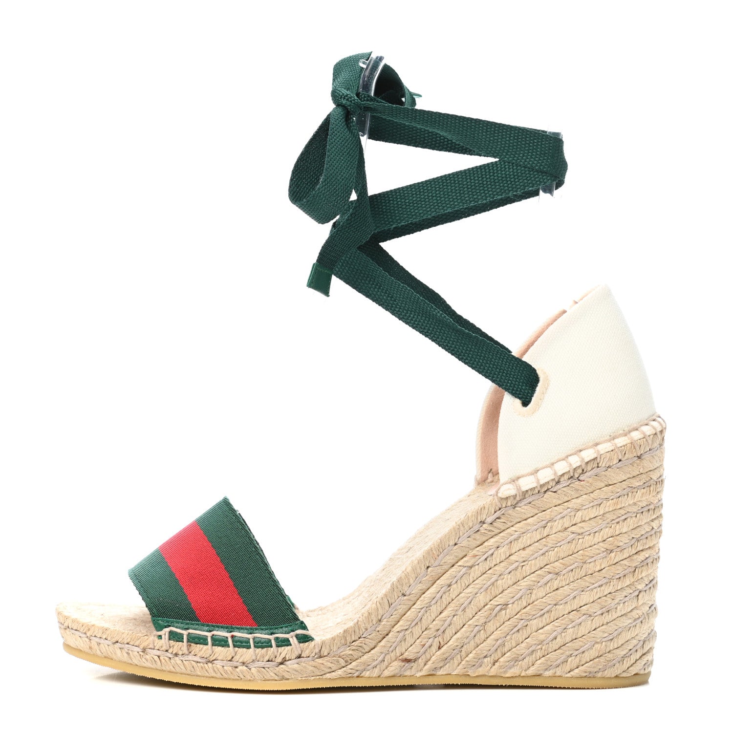 Gucci Canvas Malaga Kid Web Ankle Wrap Espadrille Wedge Sandals 40 Green Red Mystic White Emerald 1 of 11