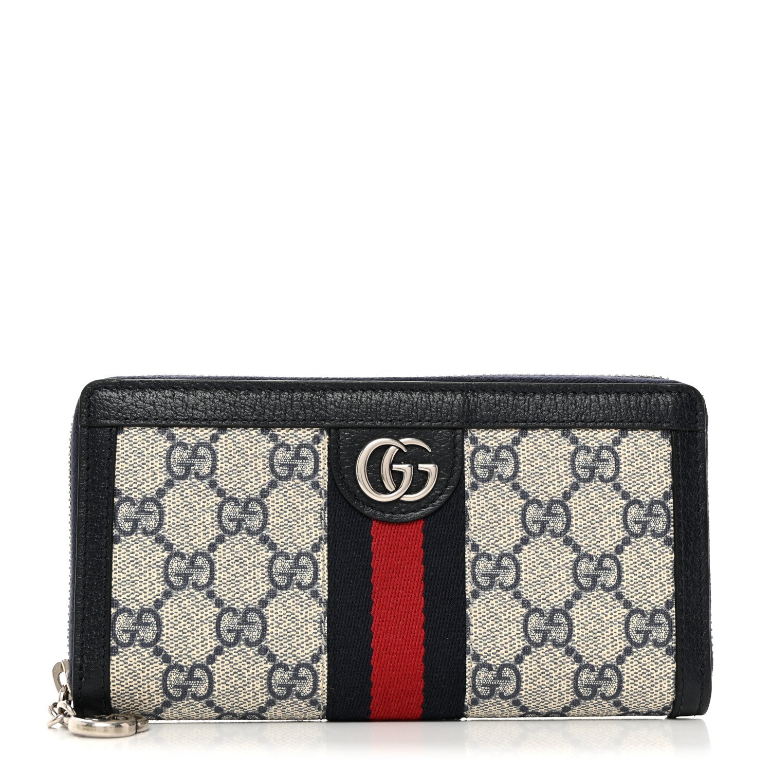 Gucci GG Supreme Monogram Textured Dollar Calfskin Web Ophidia Zip Around Wallet Beige Blue 1 of 8