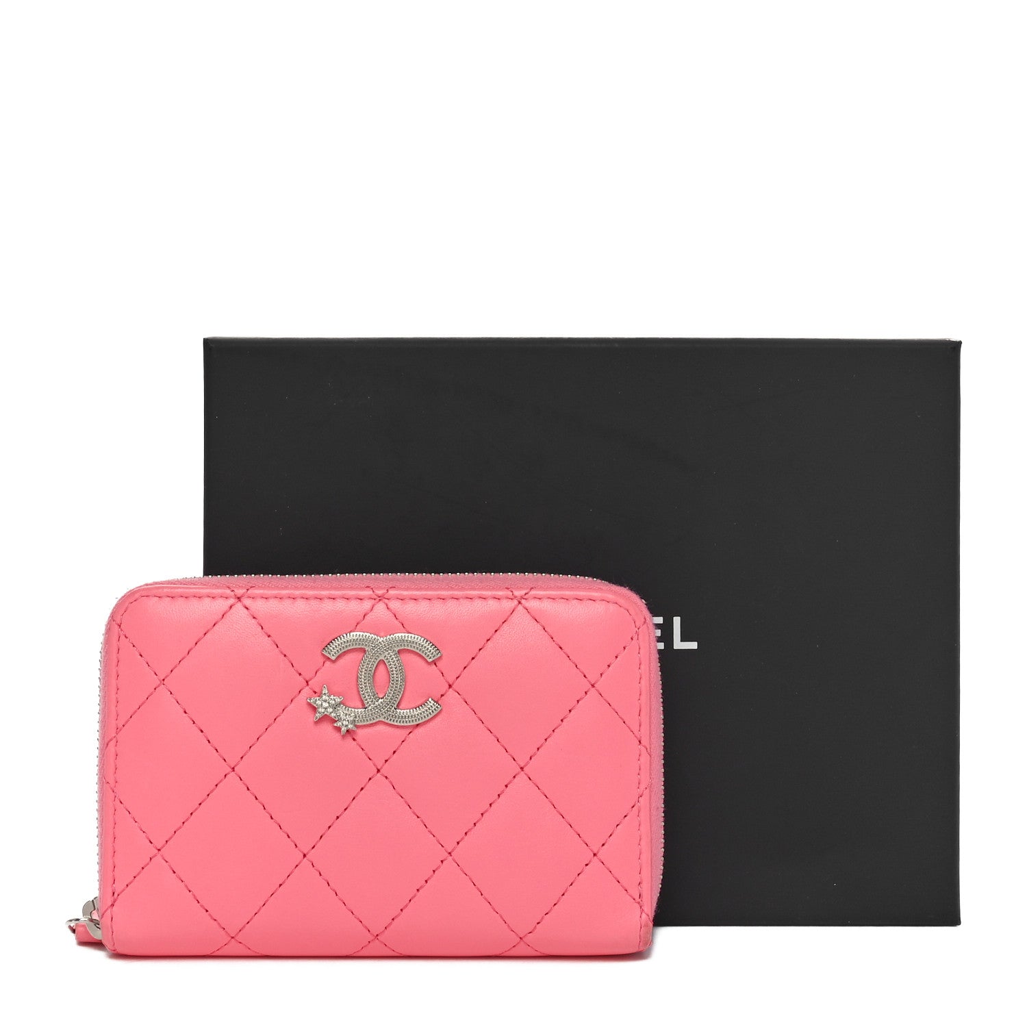 Chanel Lambskin Crystal Star Quilted Studded CC Zip Around Card Holder Wallet Pink 9 of 9