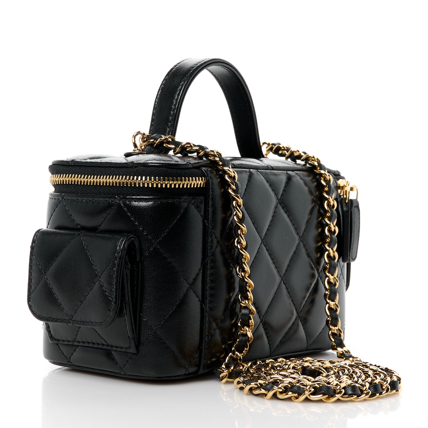 Lambskin Quilted Polly Pocket East West Top Vanity With Chain Black