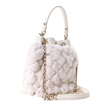 Chanel Calfskin Fur Quilted Chain Drawstring Bucket Bag White 3 of 10