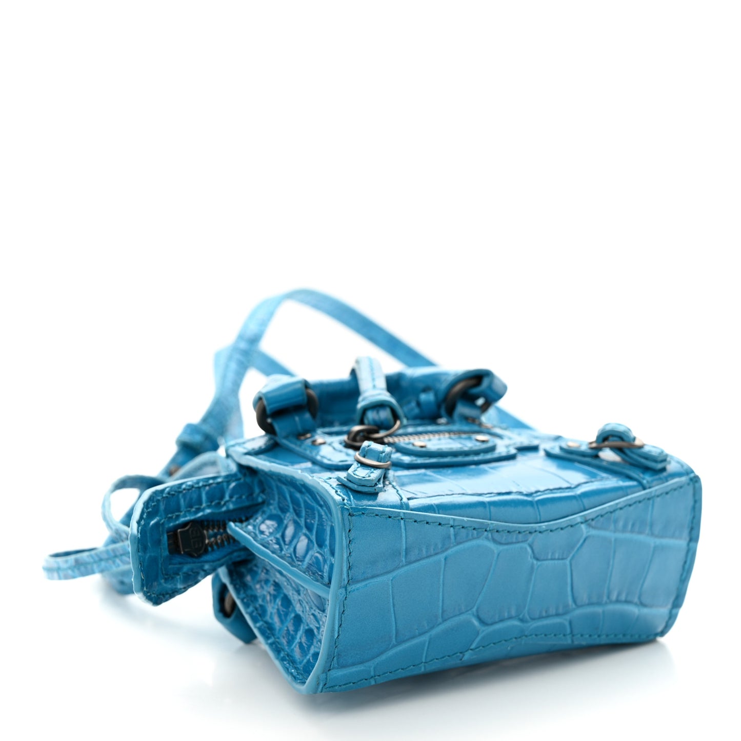 Extra Supple Calfskin Crocodile Embossed Neo Classic Silver Hardware Super Nano City Crossbody Cyan