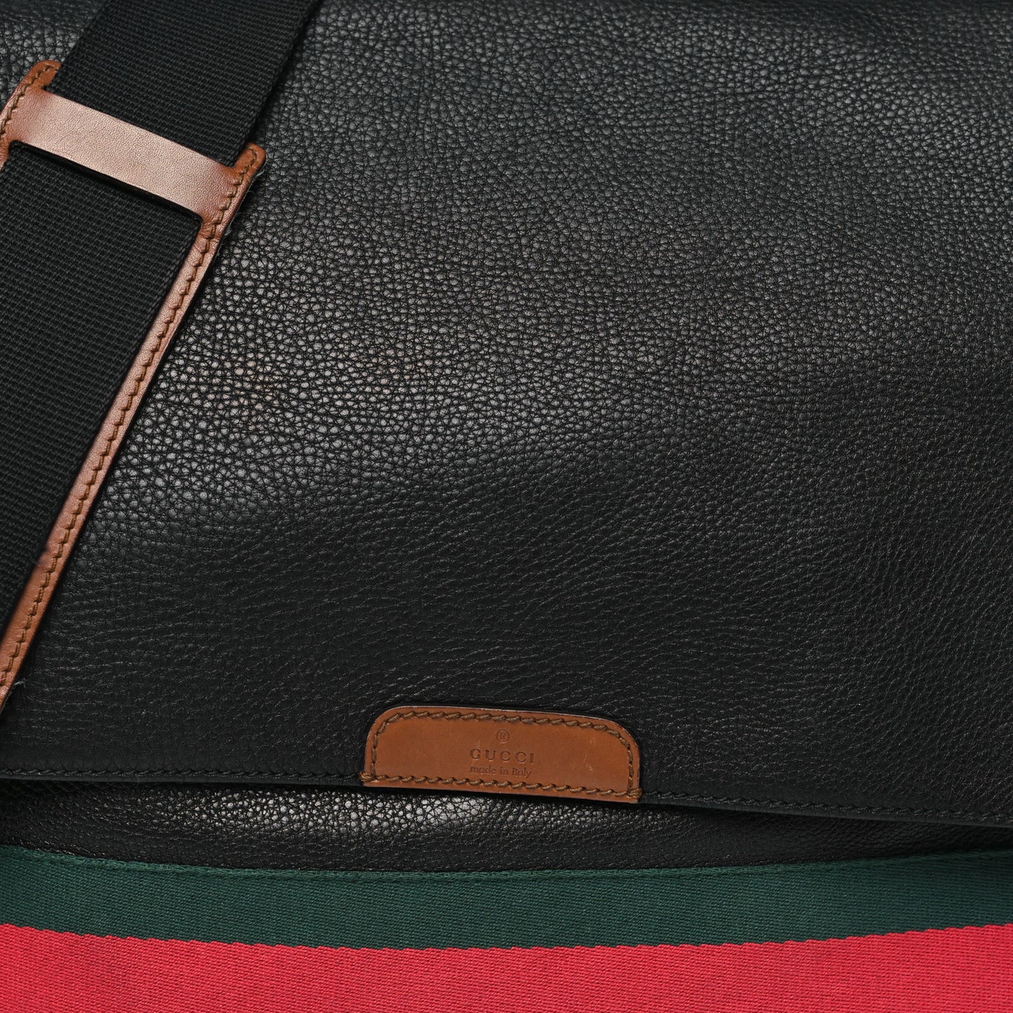 Pebbled Calfskin Web Messenger Bag Black