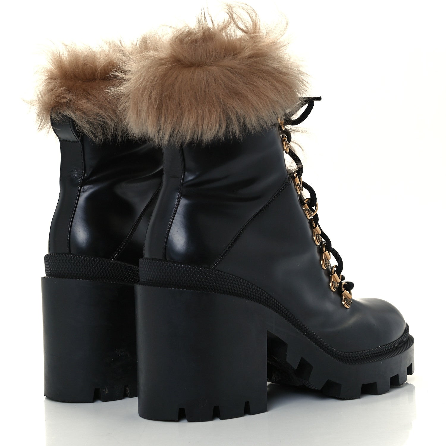 Gucci Magnum Calfskin Fur Pearl Lace Up Combat Ankle Boots 37 Black Naturale 4 of 9