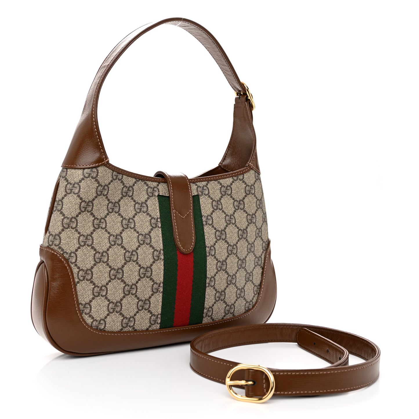 GG Supreme Monogram Azalea Calfskin Web Small Jackie 1961 Hobo Beige Ebony Brown Sugar