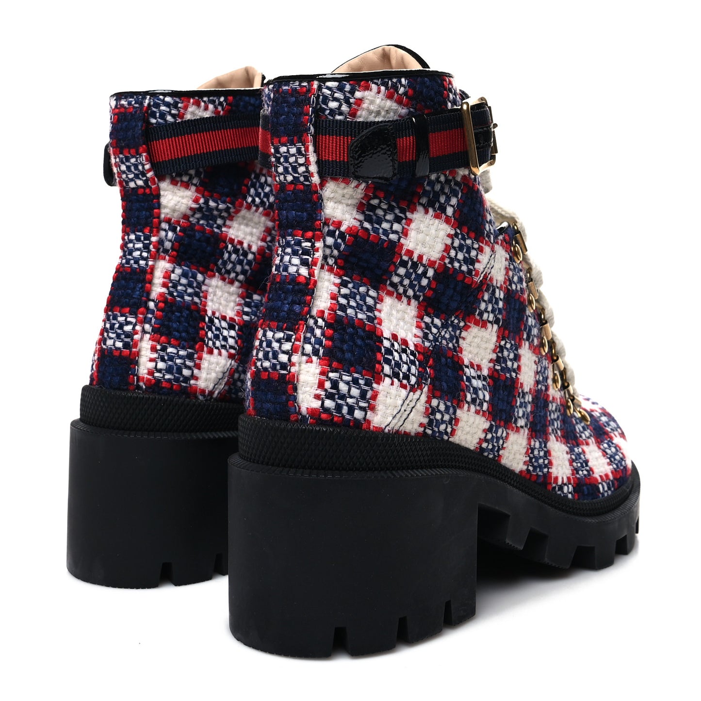 Vintage Tweed Check Lace Up Combat Ankle Boots 38.5 White Hibiscus Red Marine