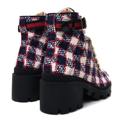 Gucci Vintage Tweed Check Lace Up Combat Ankle Boots 38.5 White Hibiscus Red Marine 4 of 7