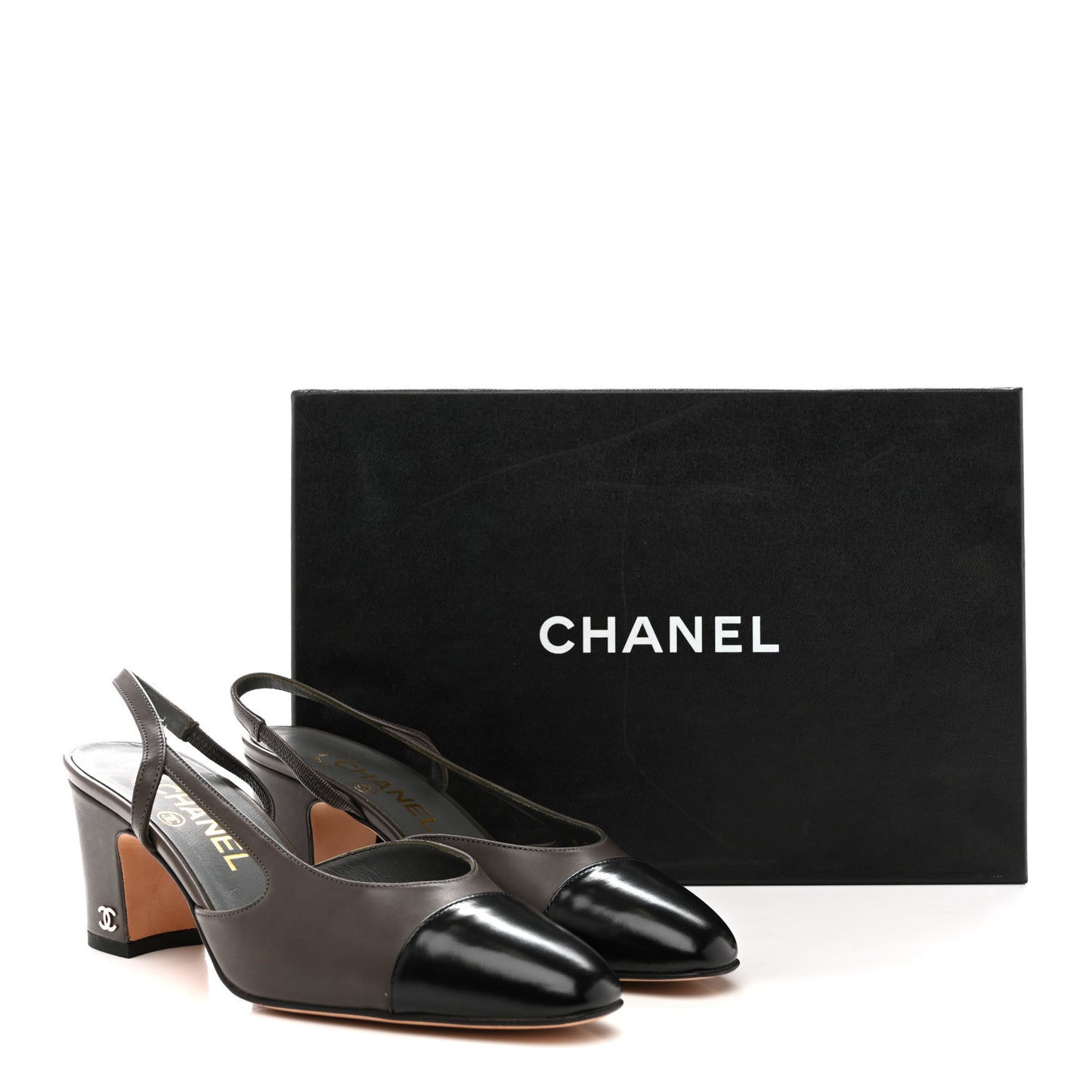 Lambskin Calfskin Cap Toe CC Slingback Pumps 36.5 Grey Black