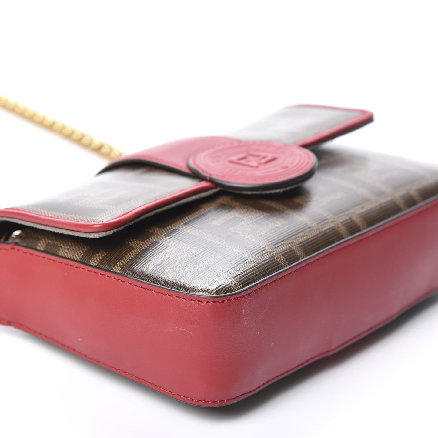 Glazed Fabric Vitello Century FF 1974 Stamp Patch Mini Double F Crossbody Bag Mogano Panna Fragola