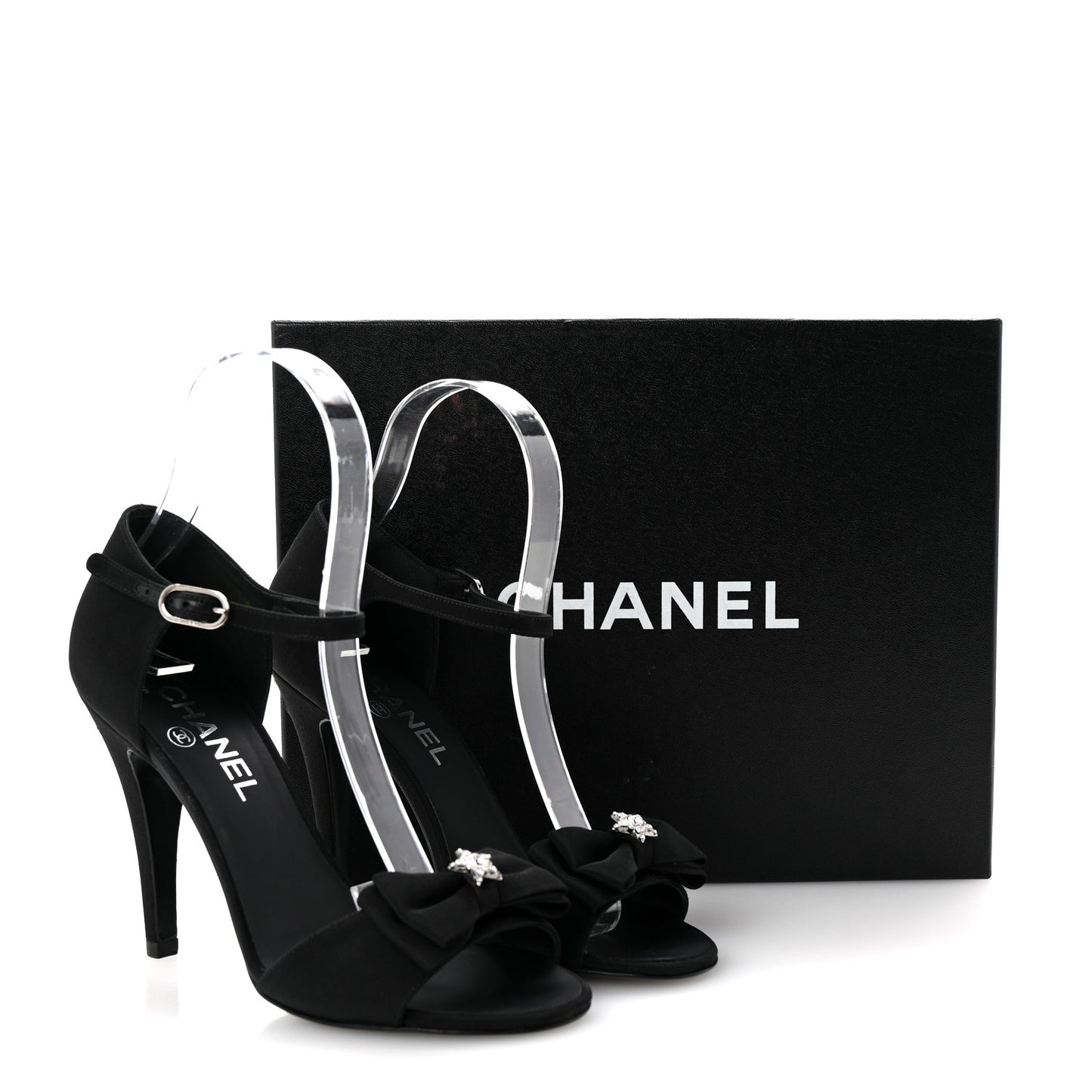 Crepe Grosgrain Crystal Bow Open Toe Sandals 37 Black