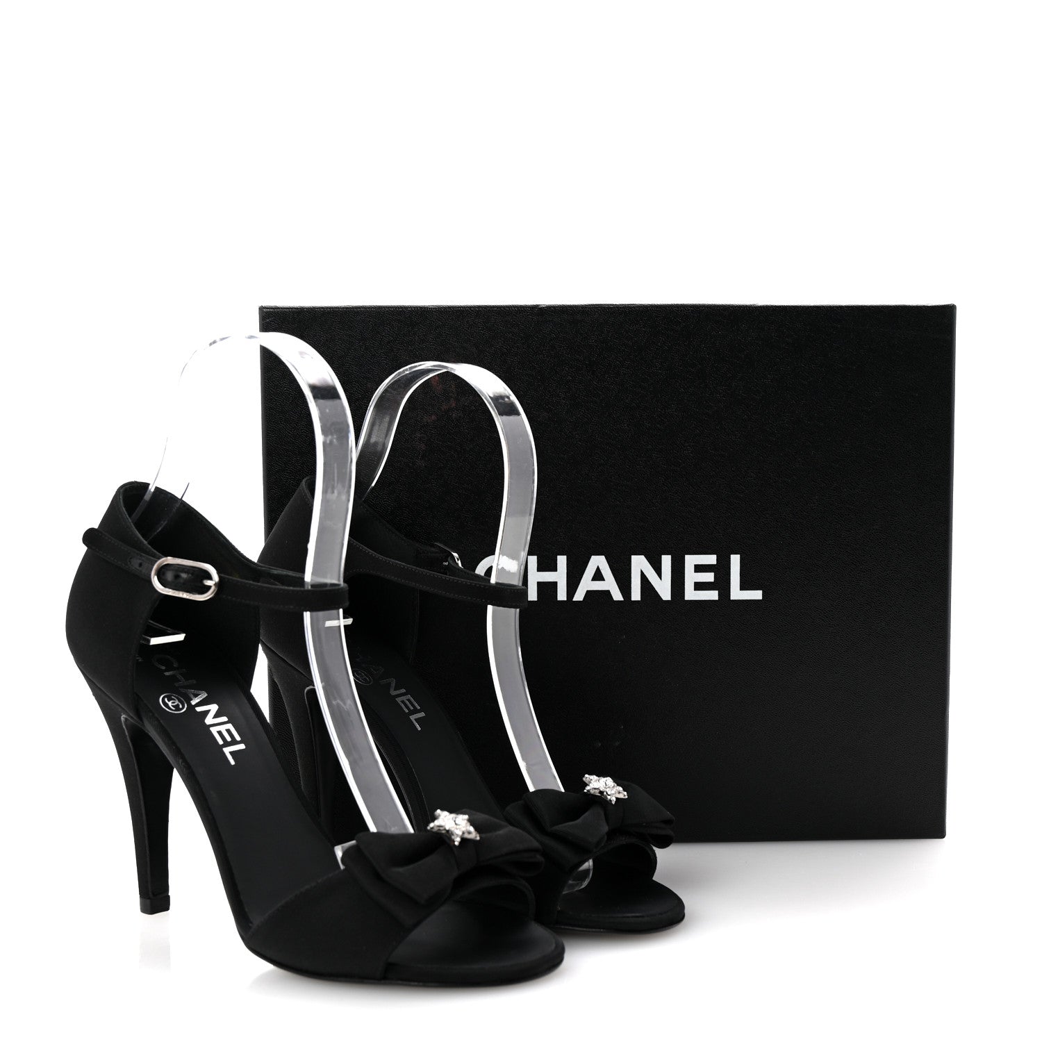 Chanel Crepe Grosgrain Crystal Bow Open Toe Sandals 37 Black 10 of 10