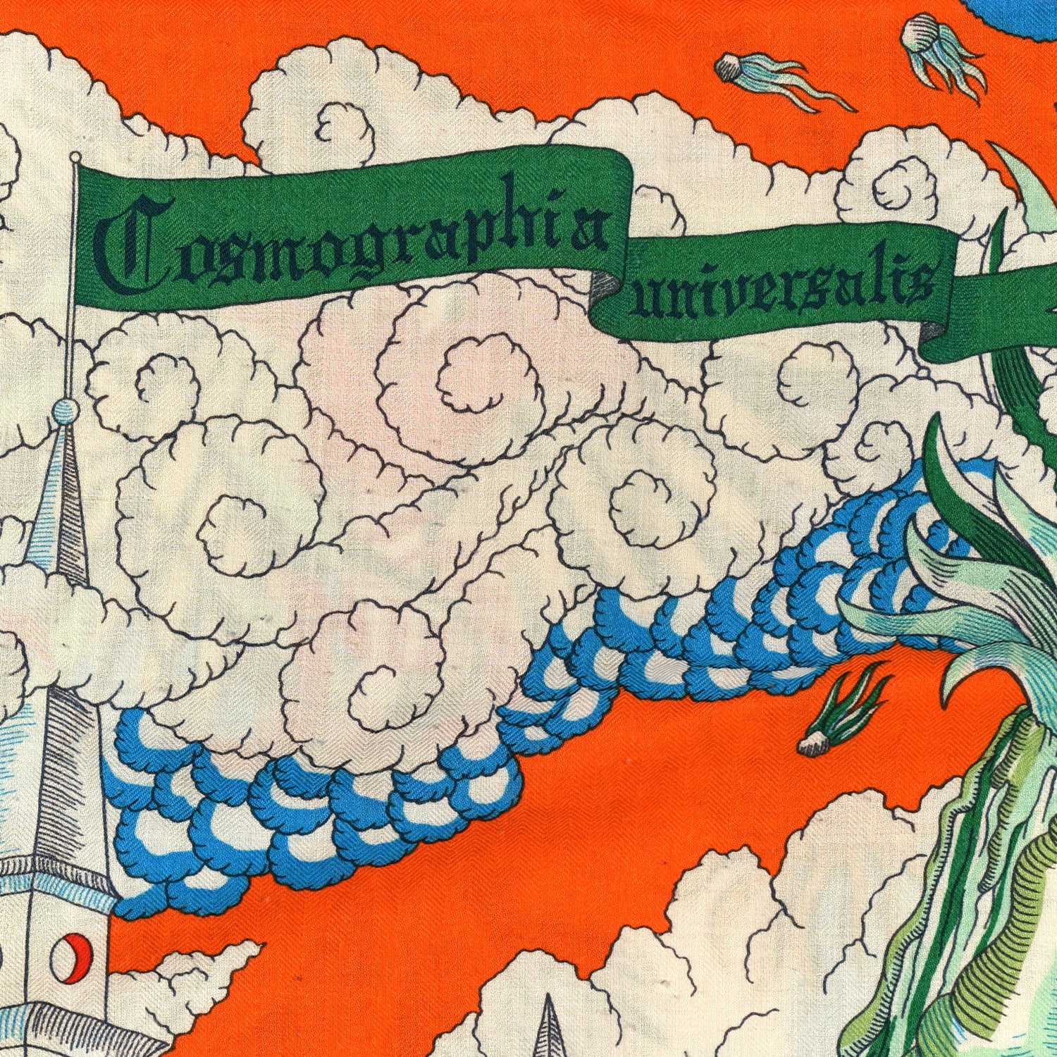 Hermes Silk Cashmere Cosmographia Universalis Shawl 140 Orange Bleu Ciel 3 of 4