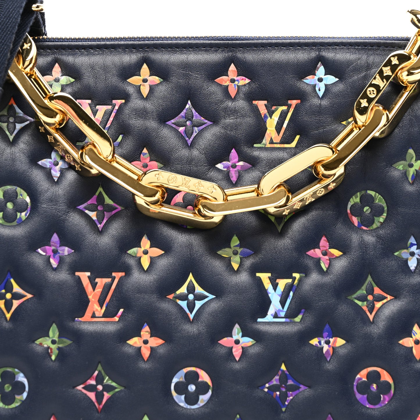 Lambskin Embossed Monogram LV Garden Coussin MM Navy Blue