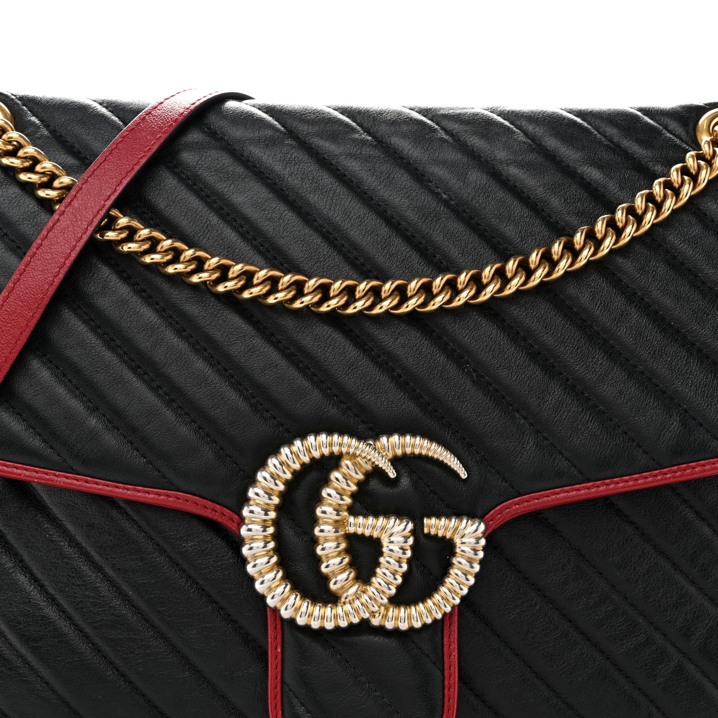 Vintage Effect Calfskin Matelasse Diagonal Large Torchon GG Marmont Shoulder Bag Black Romantic Cherry