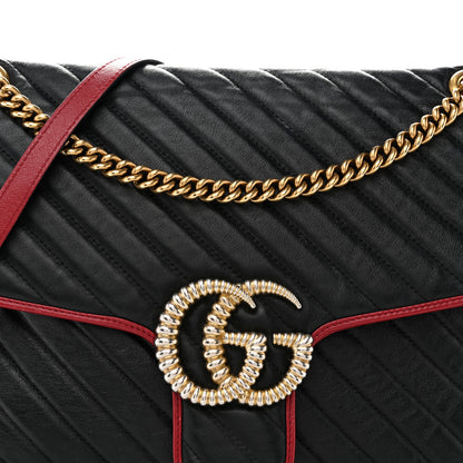 Gucci Vintage Effect Calfskin Matelasse Diagonal Large Torchon GG Marmont Shoulder Bag Black Romantic Cherry 8 of 13