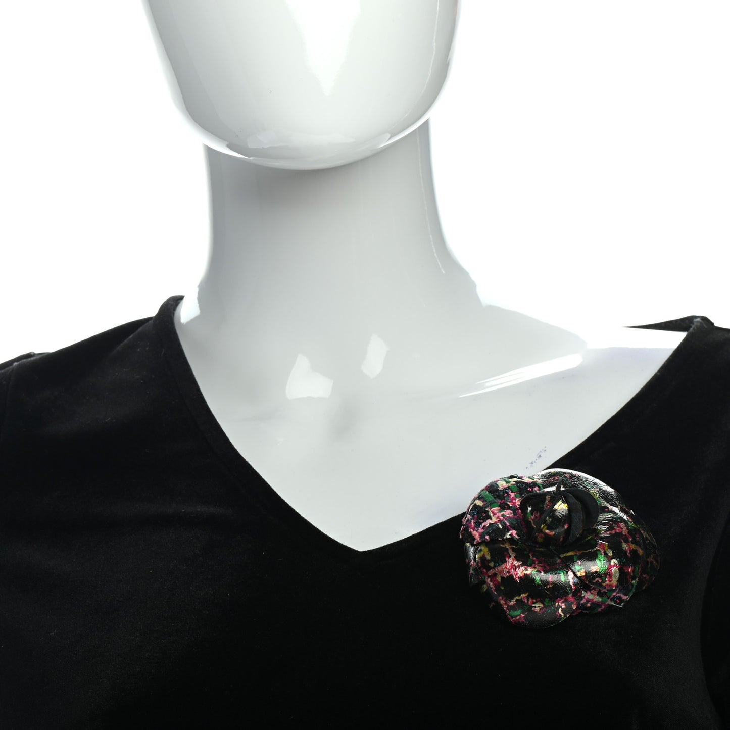 Lambskin Camellia Printed CC Pin Brooch Black Multicolor