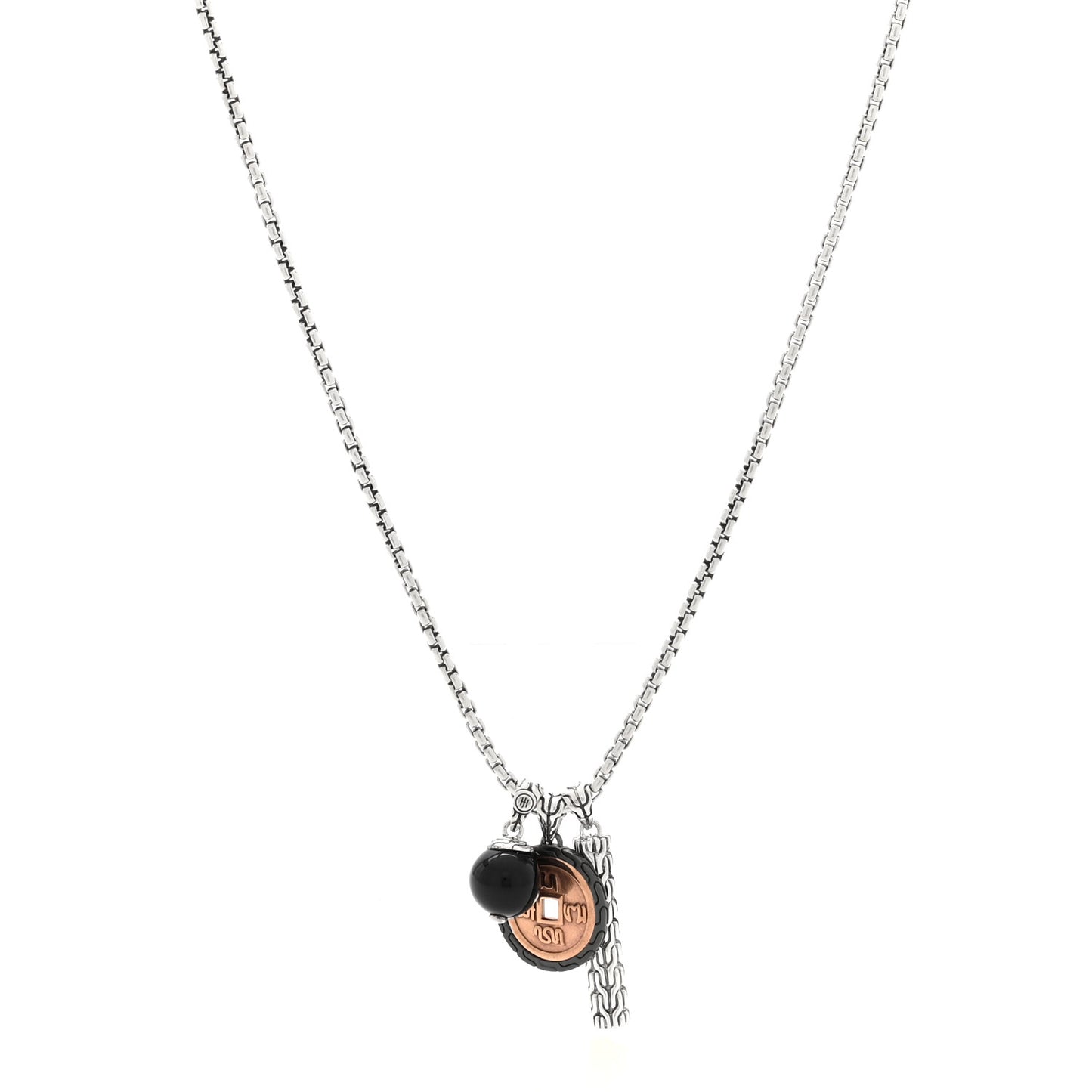 Sterling Silver Bronze Black Onyx Classic Chain 3 Charm Necklace