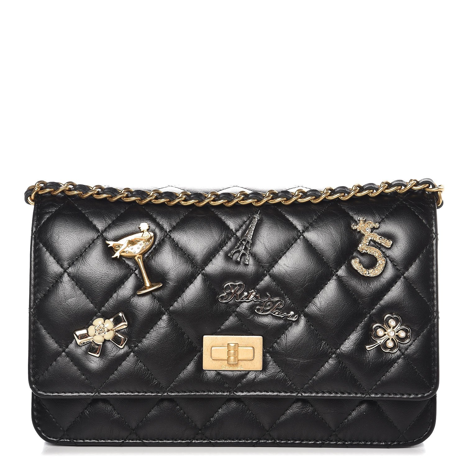 Chanel Aged Calfskin Quilted Lucky Charms 2.55 Reissue Wallet On Chain WOC Black 1 of 9