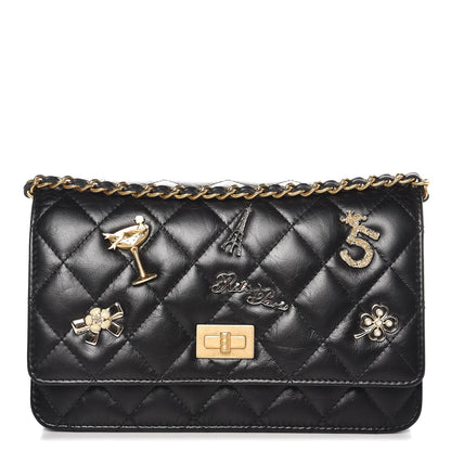 Chanel Aged Calfskin Quilted Lucky Charms 2.55 Reissue Wallet On Chain WOC Black 1 of 9