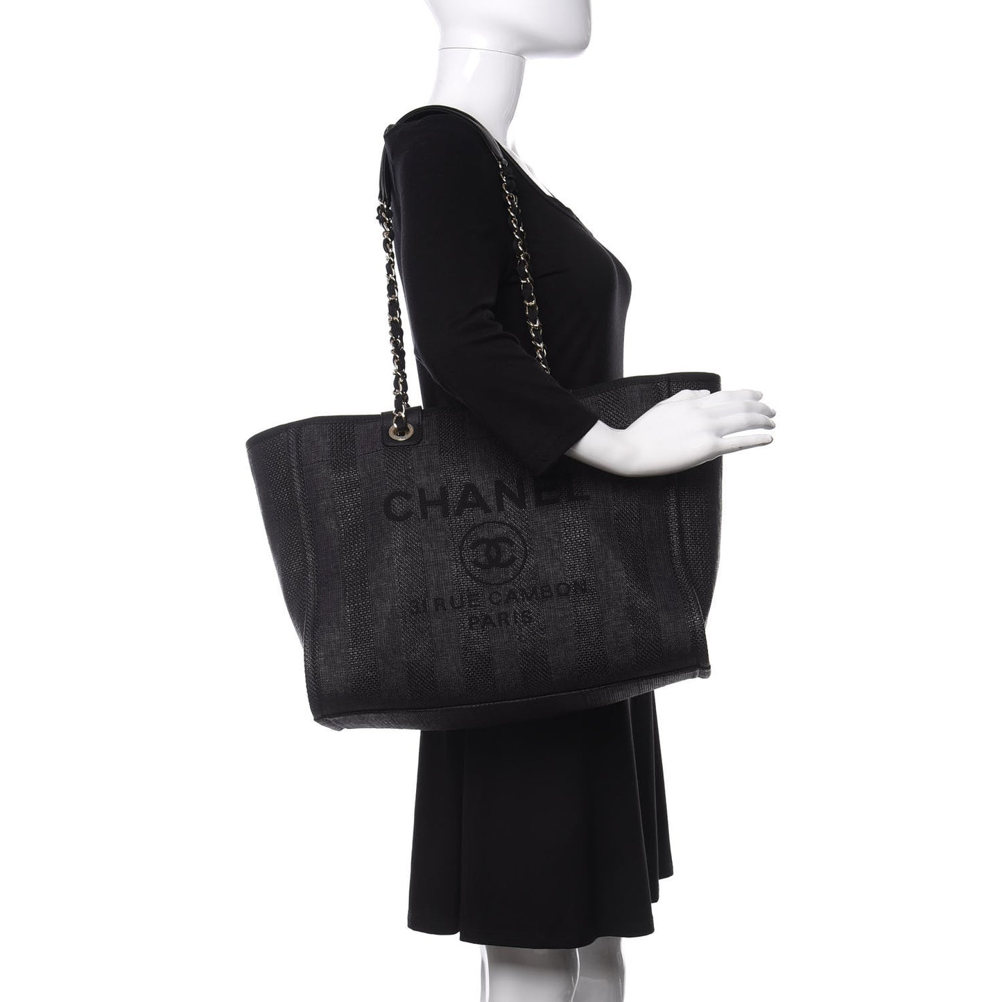 Mixed Fibers Calfskin Striped Medium Deauville Tote Black