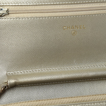 Chanel Pearly Caviar Quilted Wallet On Chain WOC Light Gold 13 of 14