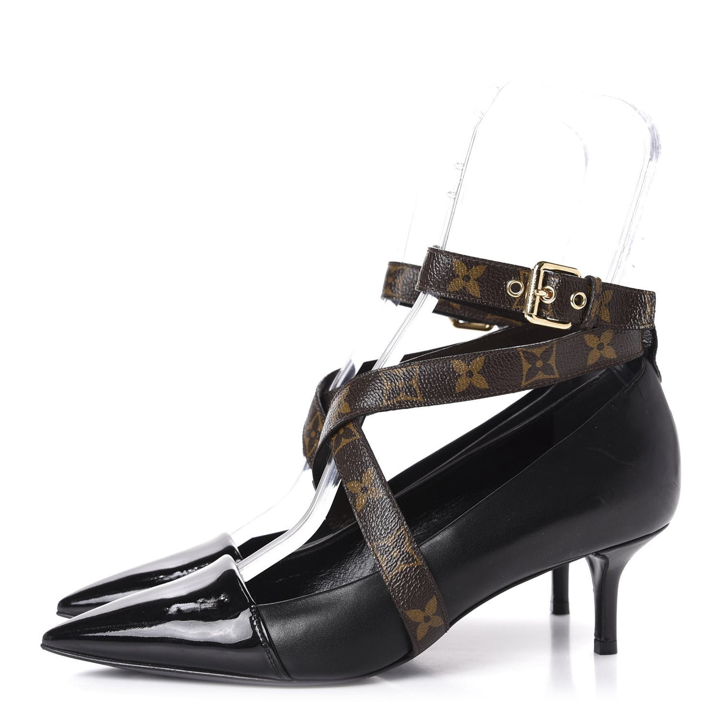 Calfskin Patent Monogram Cross Strap Pumps 39 Black