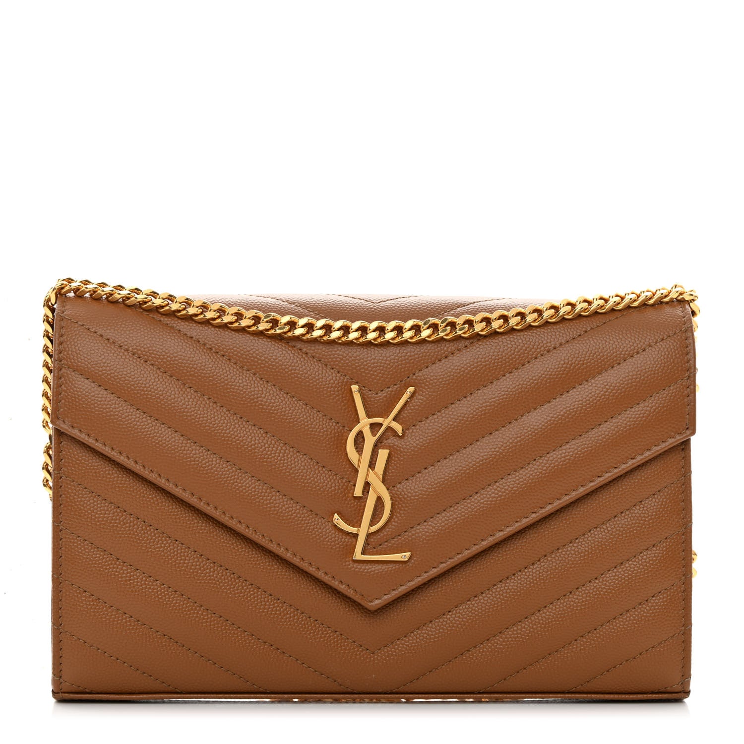 Saint Laurent Grain De Poudre Matelasse Chevron Monogram Chain Wallet Dark Natural 1 of 13