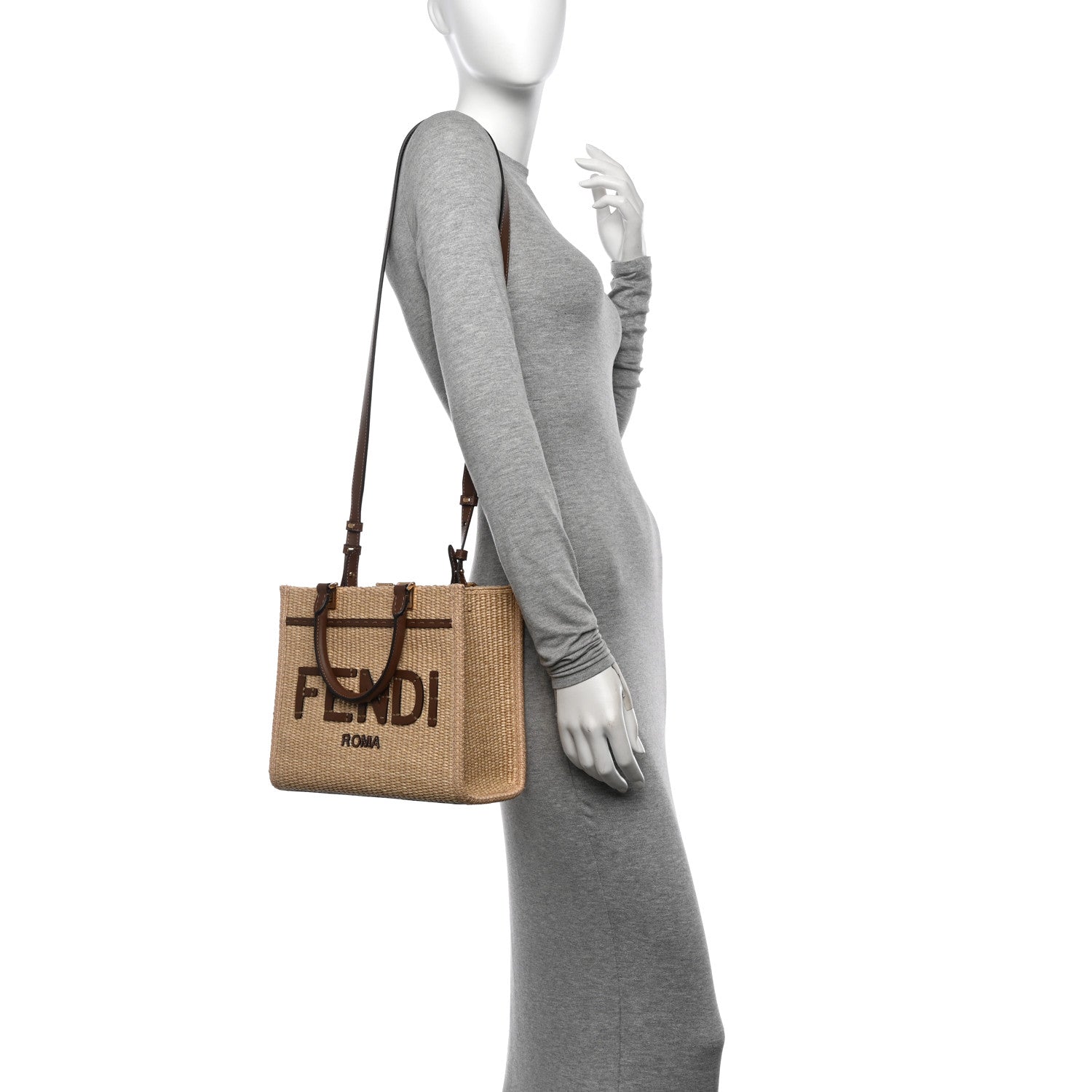 Fendi Paglia Chicco Riso Vitello Grace Logo Embroidered Small Fendi Sunshine Shopper Tote Alchemy Gianduia 2 of 12