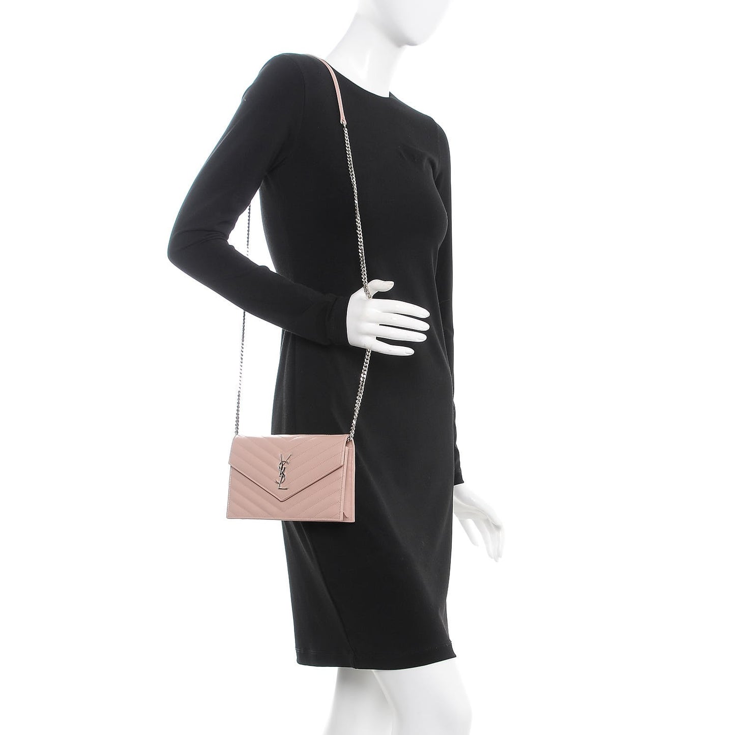 Grain De Poudre Matelasse Chevron Monogram Envelope Chain Wallet Pale Pink