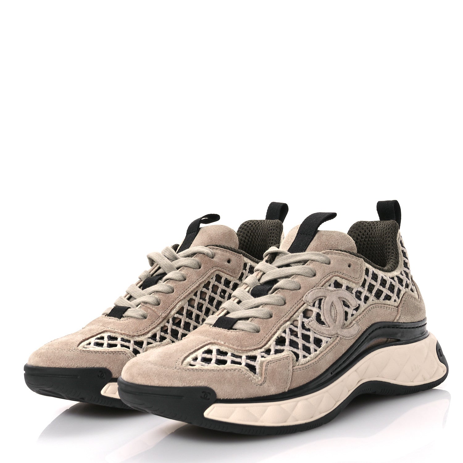 Chanel Suede Calfskin Embroidered CC Sneakers 41 Beige Black 4 of 8