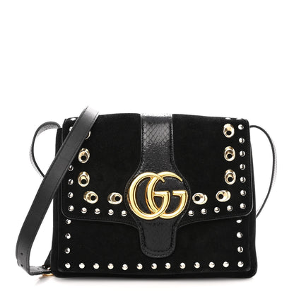 Gucci Suede Snakeskin Studded Medium Arli Flap Shoulder Bag Black 1 of 10