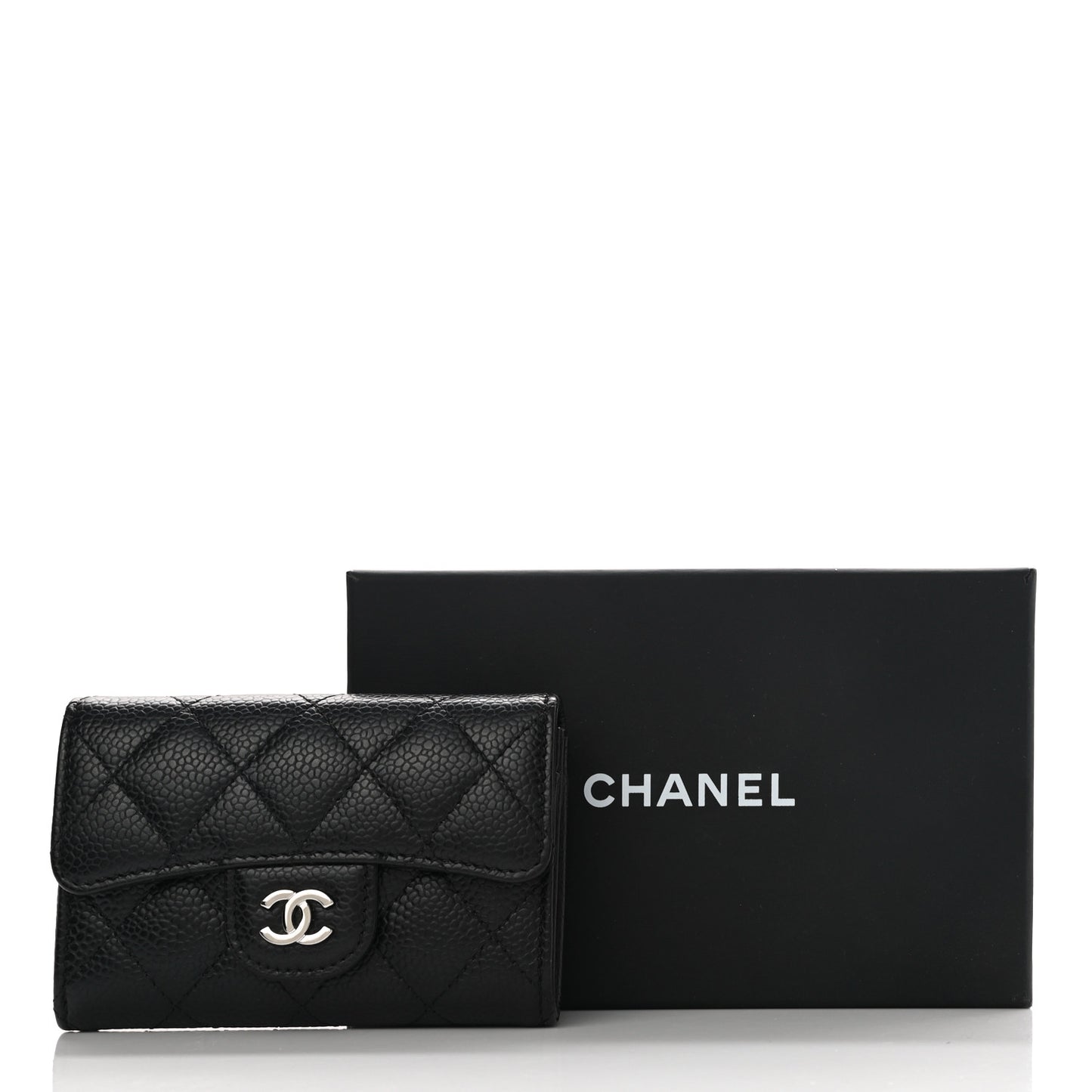 Caviar Quilted Flap Card Holder Wallet Black