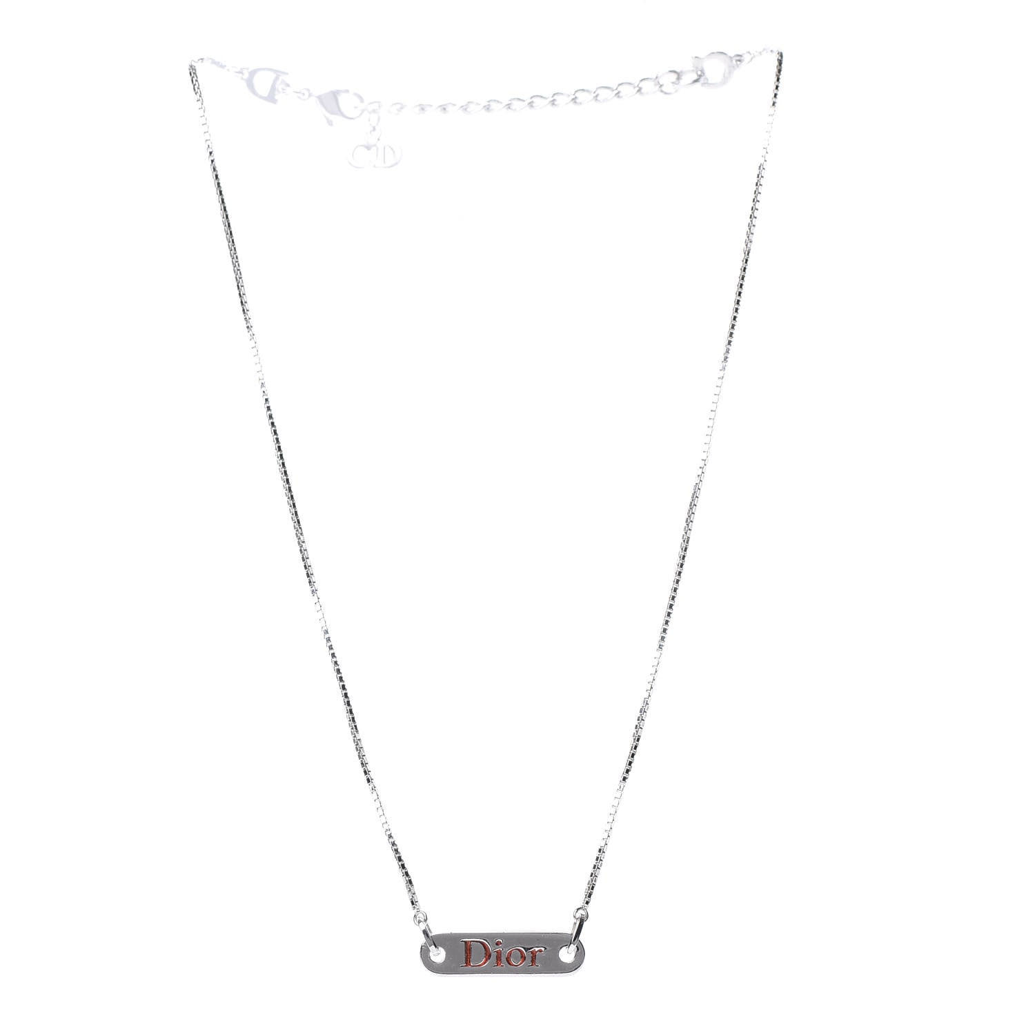 Christian Dior Enamel Logo Tag Short Necklace Silver Red 3 of 4