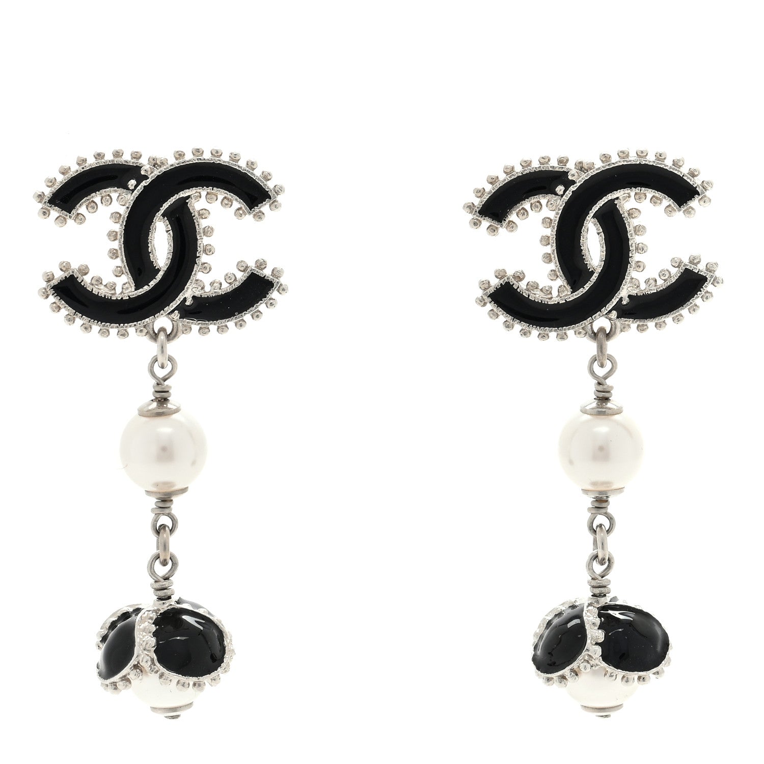 Chanel Metal Resin Bead Pearl CC Drop Earrings Silver White Black 1 of 4