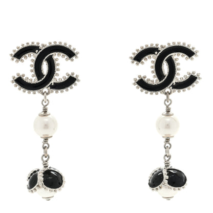Chanel Metal Resin Bead Pearl CC Drop Earrings Silver White Black 1 of 4