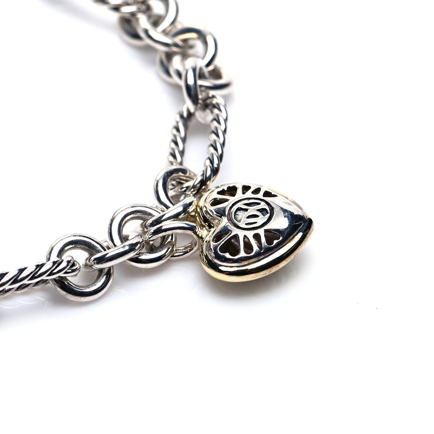 Sterling Silver 18K Yellow Gold Cable Heart Charm Bracelet