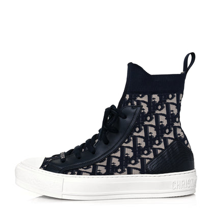 Christian Dior Technical Knit Calfskin Oblique Womens Walk'n Dior High Top Sneakers 37.5 Deep Blue 1 of 8