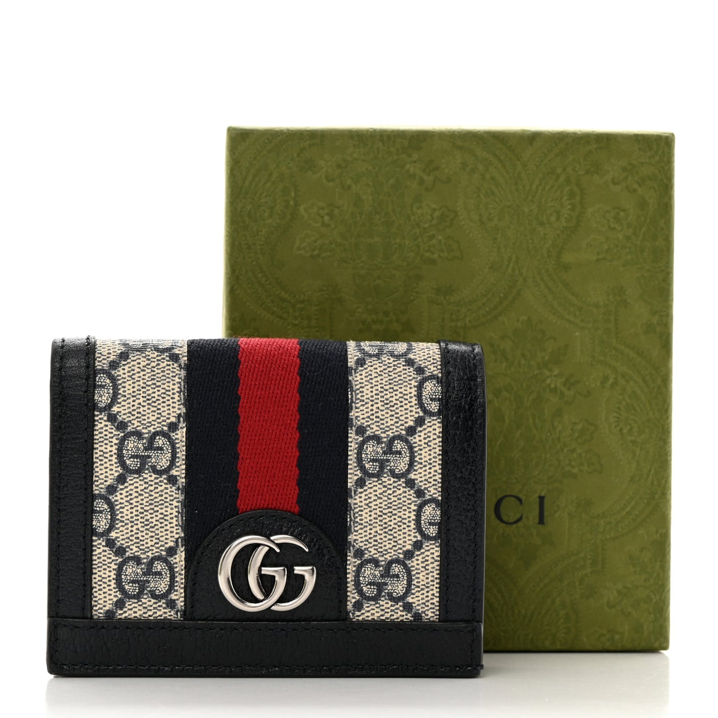 GG Supreme Monogram Textured Dollar Calfskin Web Ophidia Card Case Beige Blue