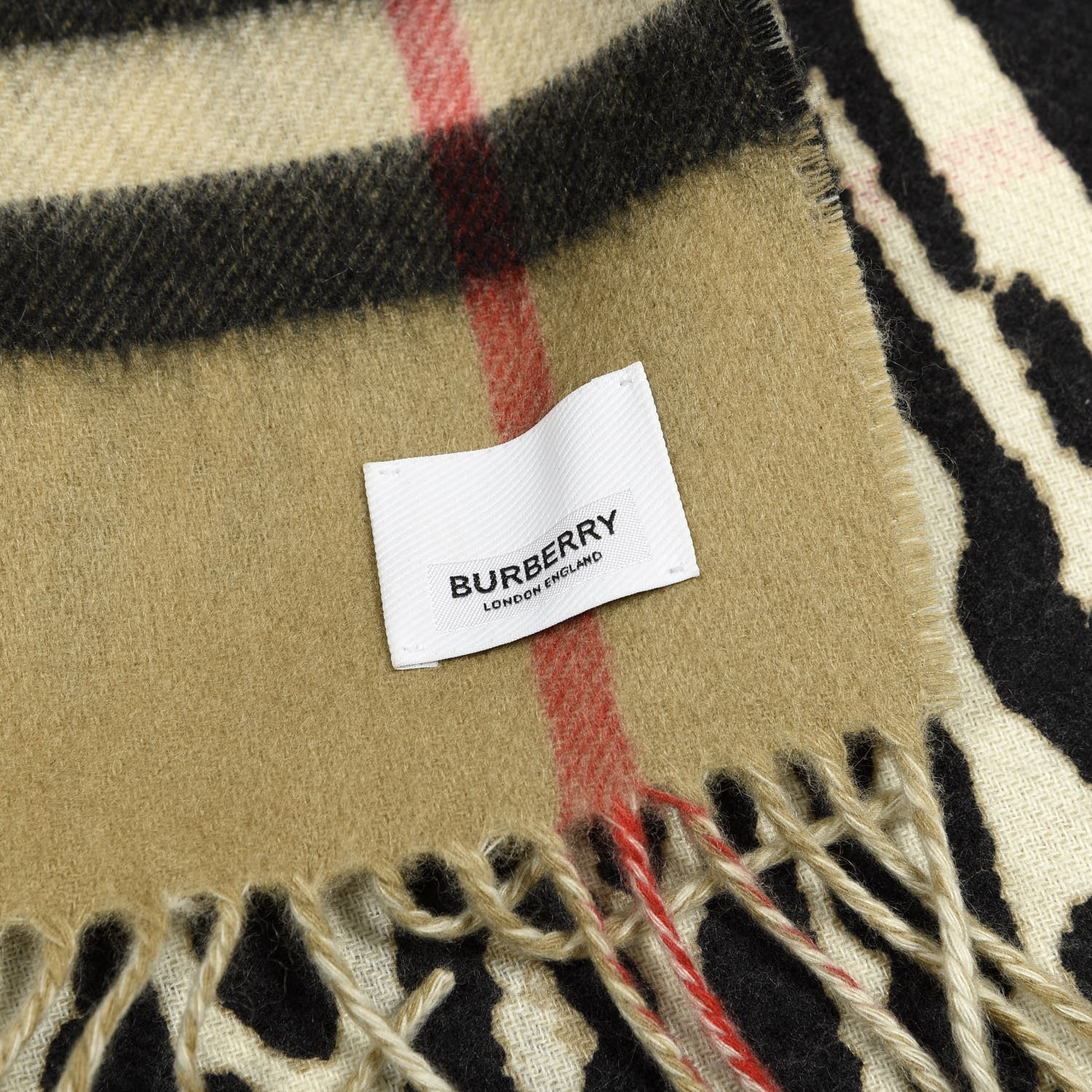 Burberry Cashmere Giant Check Leopard Print Reversible Fringe
