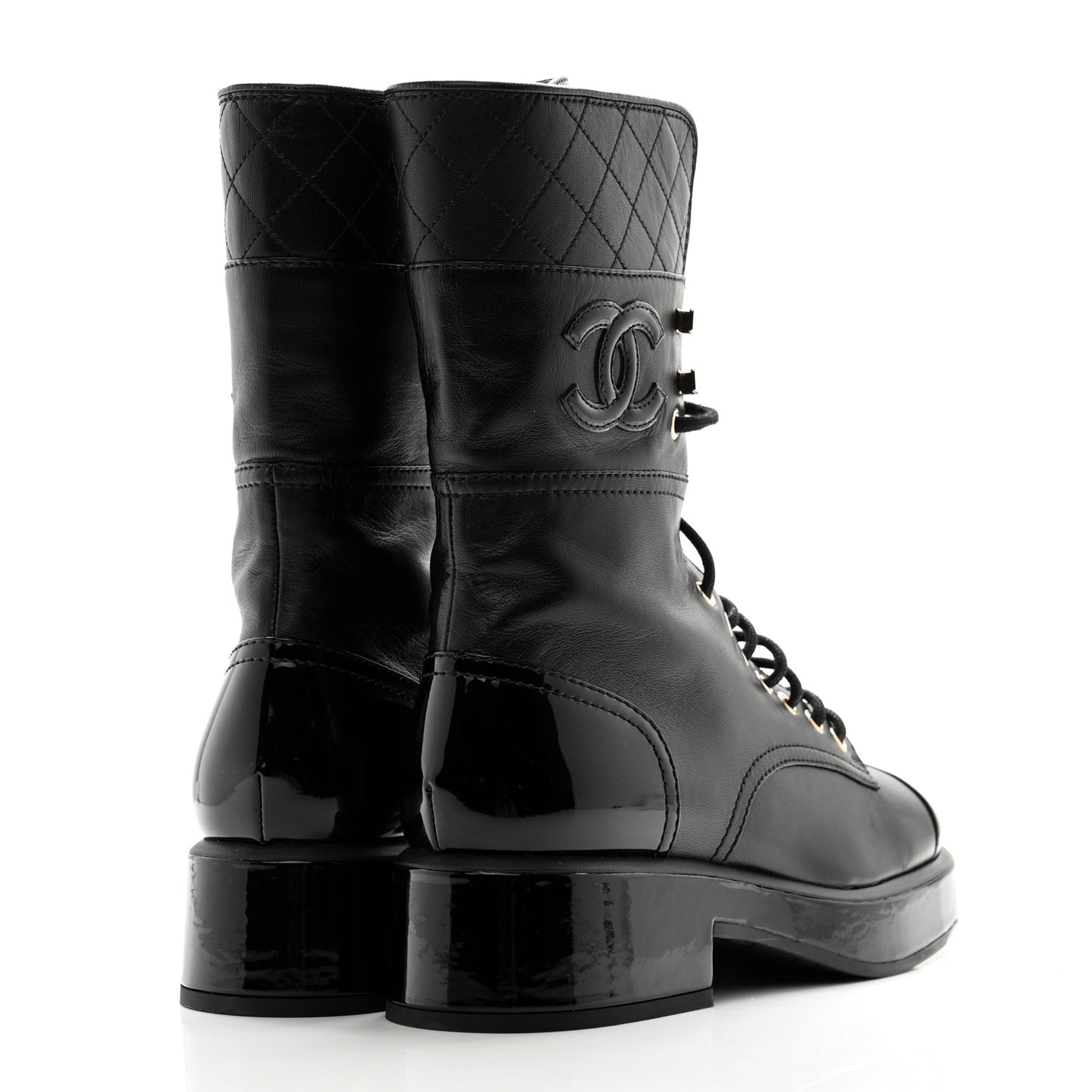 Lambskin Patent Calfskin Quilted CC Lace Up Combat Boots 37 Black