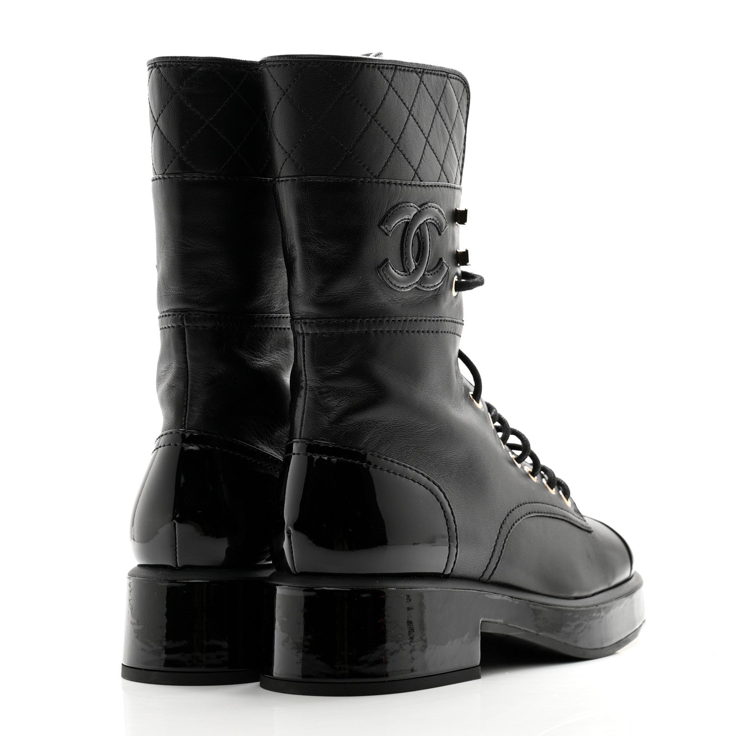 Chanel Lambskin Patent Calfskin Quilted CC Lace Up Combat Boots 37 Black 4 of 12