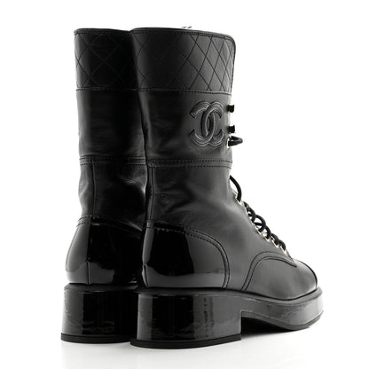 Chanel Lambskin Patent Calfskin Quilted CC Lace Up Combat Boots 37 Black 4 of 12
