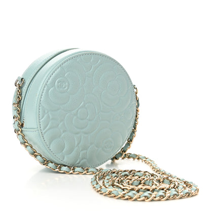 Chanel Caviar Camellia Embossed Round Clutch With Chain Light Blue 3 of 11