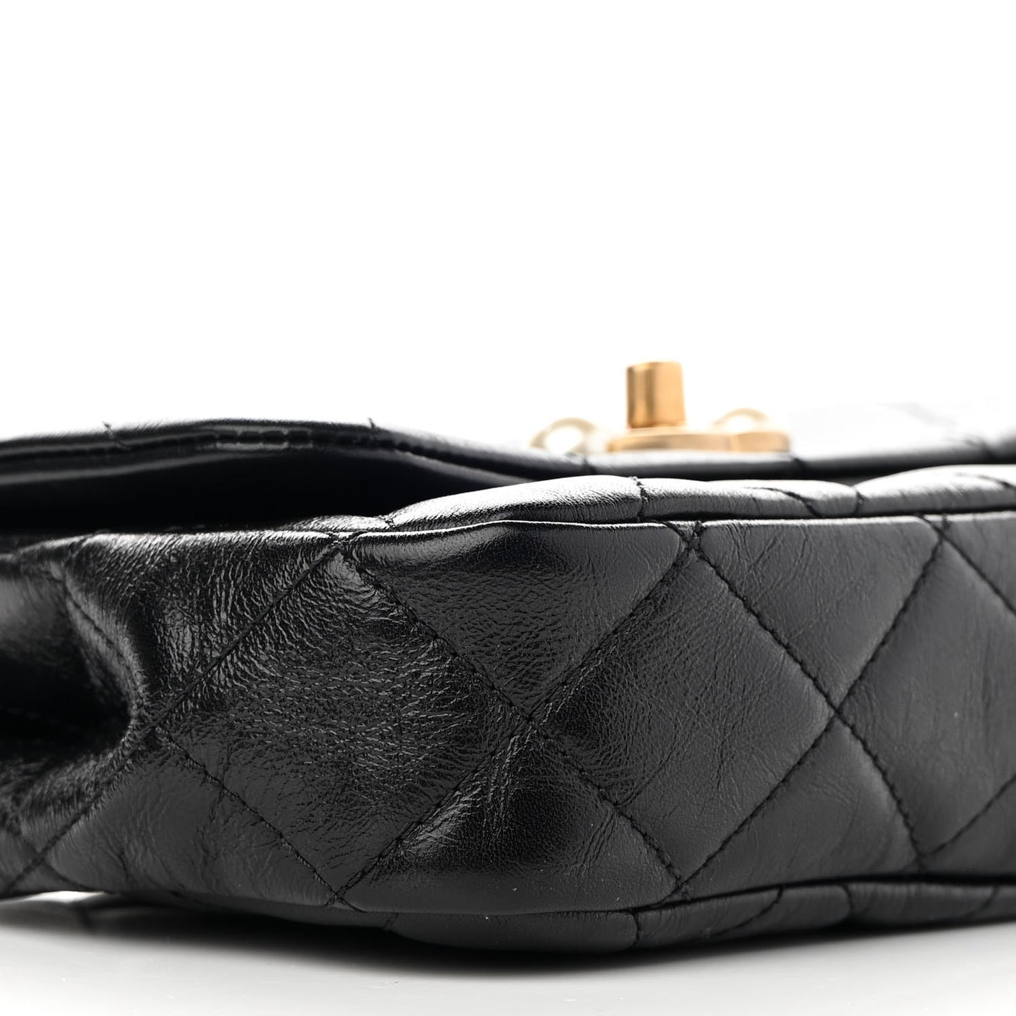 Glazed Calfskin Quilted Mini Pearl Side Flap Black
