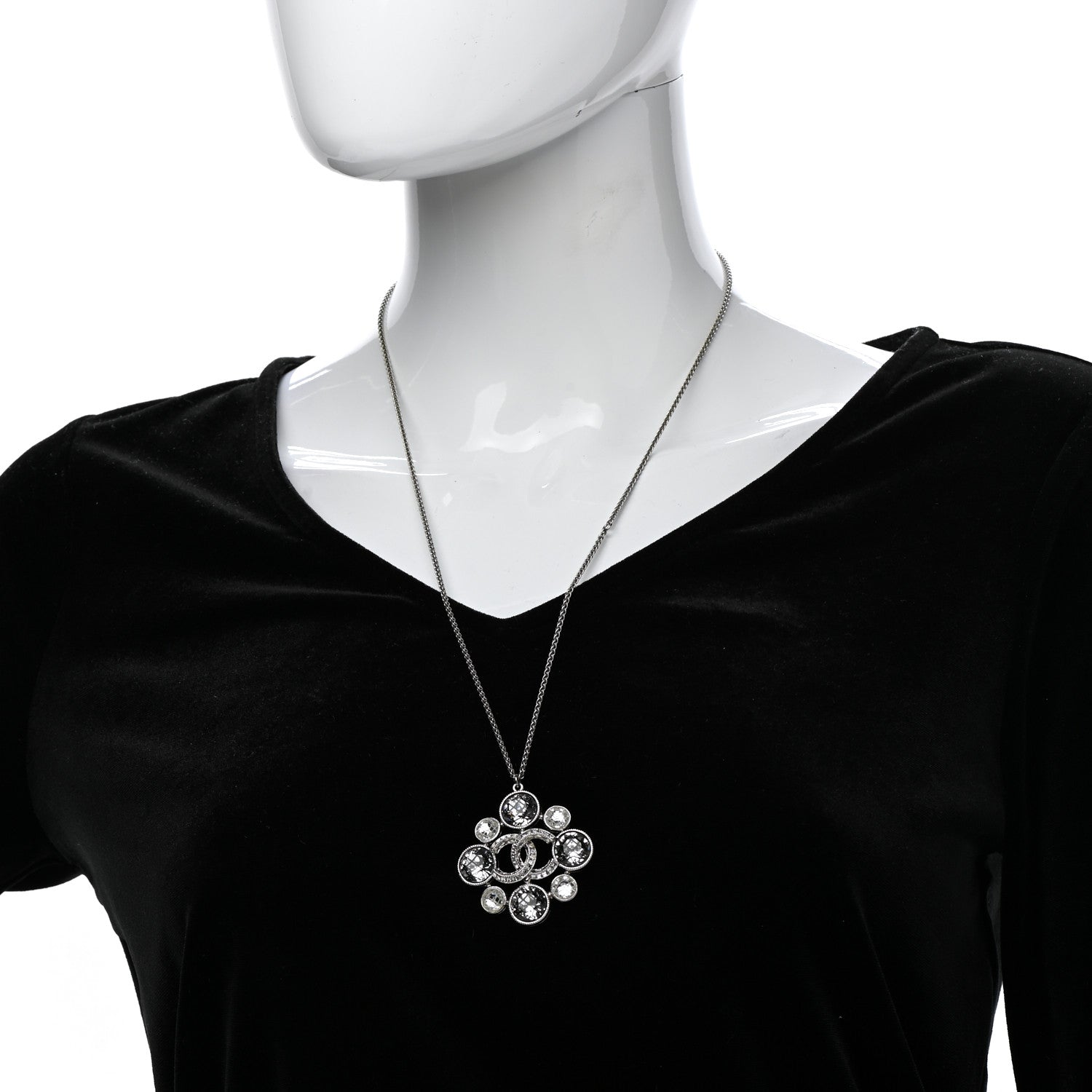Chanel Crystal Baguette Pendant Necklace Black Silver 2 of 7