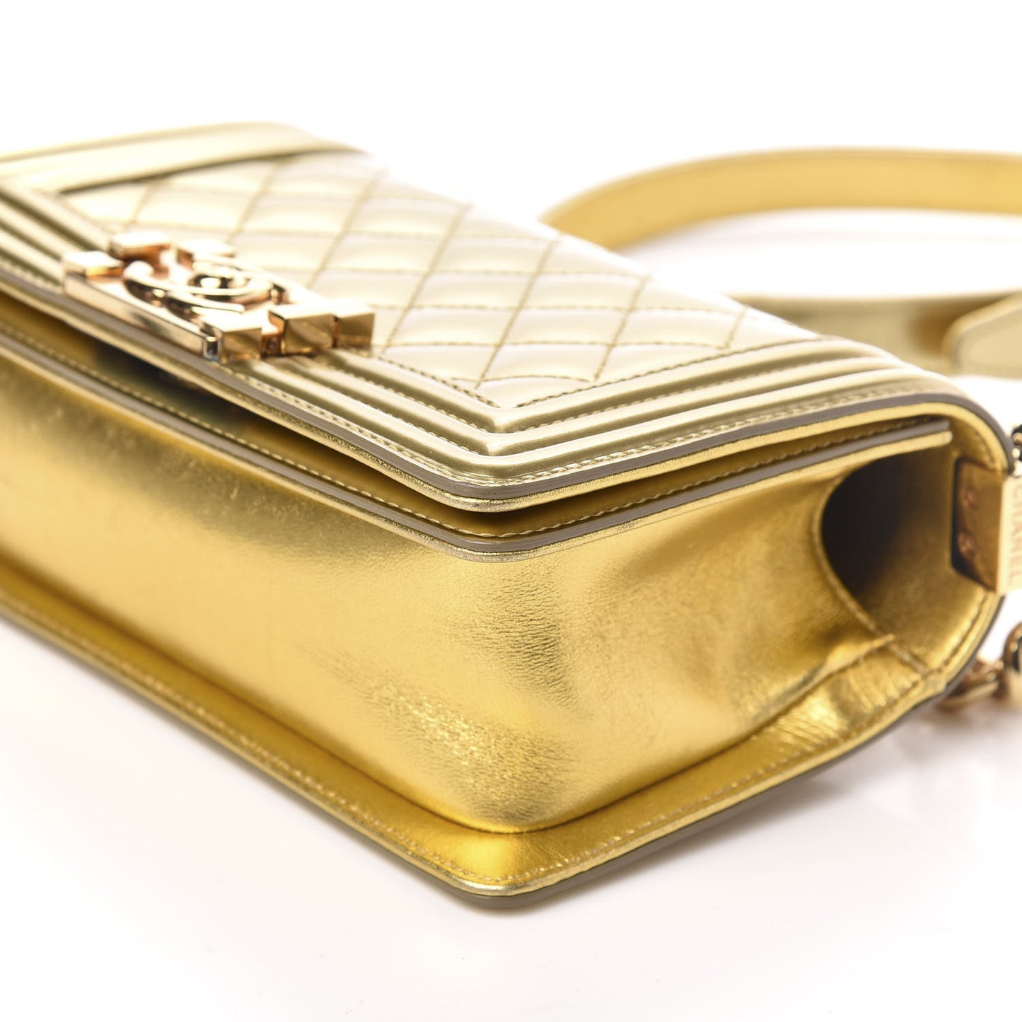Metallic Patent Calfskin Quilted Small Boy Flap Gold