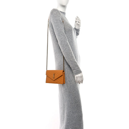 Saint Laurent Grain De Poudre Matelasse Chevron Monogram Envelope Chain Wallet Senape Yellow 2 of 9