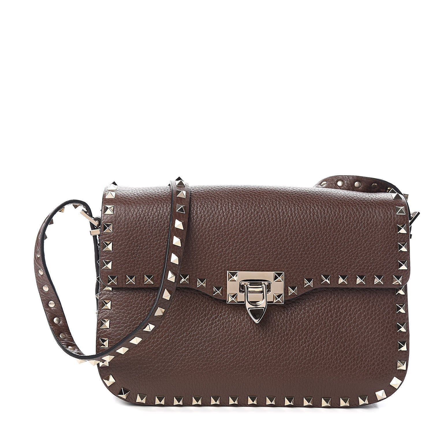 Valentino Garavani Pebbled Calfskin Medium Rockstud Flap Saddle Bag Cacao 1 of 10