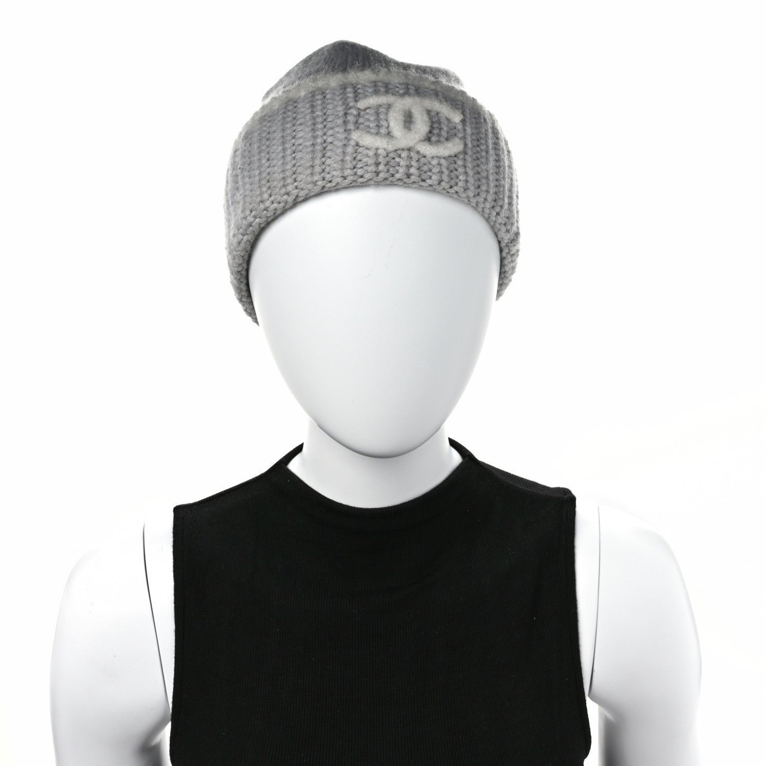 Chanel Wool Cashmere Silk CC Beanie Hat Light Grey White 2 of 6